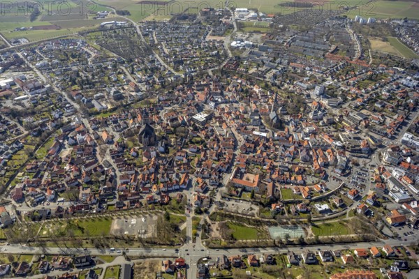 Aerial view, Historic old town of Korbach seen from north over Heerstraße and Grabenstraße in Korbach. District town Korbach, district Waldeck-Frankenberg in Hesse, Germany, district town Korbach, Europe, birds-eyes view, aerial view, aerial photography, aerial photography, overview, bird's eye view