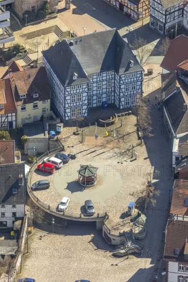 Aerial view, Stadtbücherei Korbach Oberstraße near Altes Rathaus Korbach in Korbach. district town Korbach, district Waldeck-Frankenberg in Hesse, Germany, district town Korbach, Europe, birds-eyes view, aerial view, aerial photography, aerial photography, overview, bird's eye view