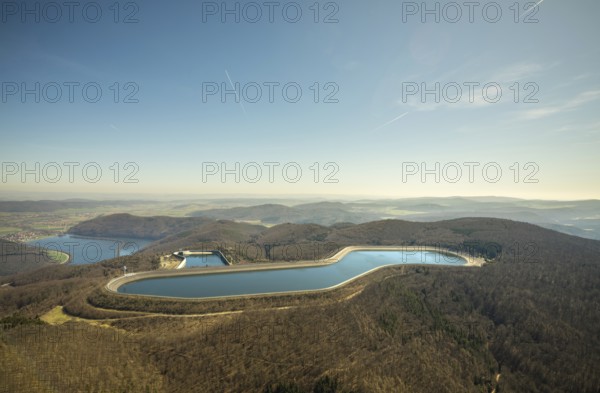 Aerial view, Edertal reservoir, hydro battery, energy storage, Affoldern in Edertal, Waldeck-Frankenberg district in North Hesse, Hesse, Germany, Edertal, DEU, Europe, birds-eyes view, aerial view, aerial photography, aerial photography, overview, bird's eye view