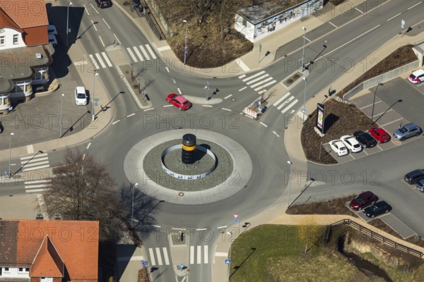 Aerial view, roundabout with continental column in Korbach. District town Korbach, district Waldeck-Frankenberg in Hesse, Germany, district town Korbach, Europe, birds-eyes view, aerial view, aerial photography, aerial photography, overview, overview, bird's eye view