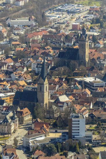Aerial view, Sparkasse Korbach, Nikolaikirche and Kilianskirche in Korbach. district town Korbach, district Waldeck-Frankenberg in Hesse, Germany, district town Korbach, Europe, birds-eyes view, aerial view, aerial photography, aerial photography, overview, bird's eye view