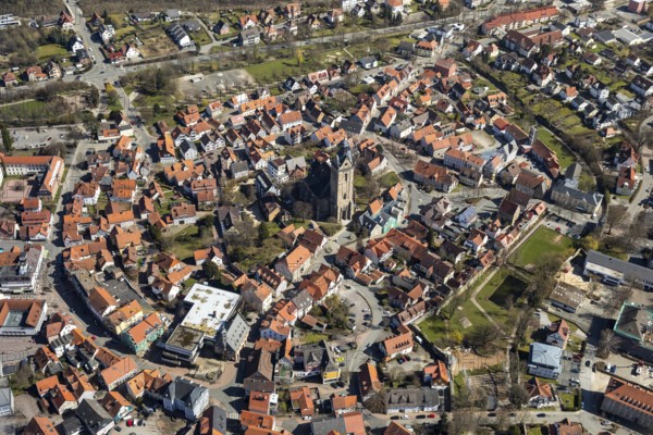 Aerial view, Historic old town of Korbach with Kilianskirche in Korbach. District town Korbach, district Waldeck-Frankenberg in Hesse, Germany, district town Korbach, Europe, birds-eyes view, aerial view, aerial photography, aerial photography, overview, bird's eye view