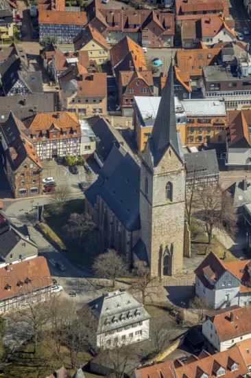 Aerial view, Nikolaikirche in Korbach. District town Korbach, district Waldeck-Frankenberg in Hesse, Germany, district town Korbach, Europe, birds-eyes view, aerial view, aerial photography, aerial photography, overview, bird's eye view