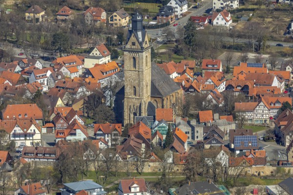 Aerial view, parish church St Kilian in Korbach.Kilianskirche, district town Korbach, district Waldeck-Frankenberg in Hesse, Germany, Europe, birds-eyes view, aerial view, aerial photography, aerial photography, overview, bird's eye view