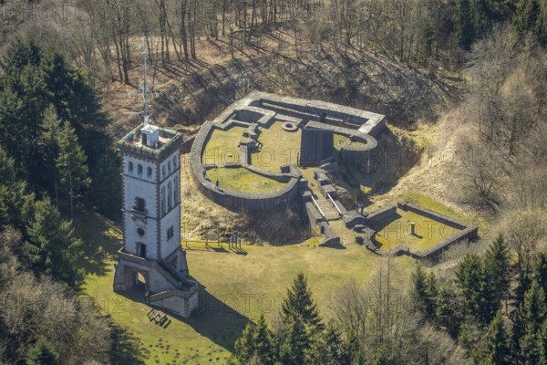 Aerial view, Burg Eisenberg is the ruin of a hilltop castle near Goldhausen in Korbach, Georg-Viktor-Turm on the Eisenberg, district town Korbach, district Waldeck-Frankenberg in Hesse, Germany, Europe, birds-eyes view, aerial view, aerial photography, aerial photography, overview, overview, bird's eye view, core castle, gate bridge, Renaissance building, castle chapel, castle, foundation walls, rampart, moat