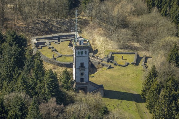 Aerial view, Burg Eisenberg is the ruin of a hilltop castle near Goldhausen in Korbach, Georg-Viktor-Turm on the Eisenberg, district town Korbach, district Waldeck-Frankenberg in Hesse, Germany, Europe, birds-eyes view, aerial view, aerial photography, aerial photography, overview, overview, bird's eye view, core castle, gate bridge, Renaissance building, castle chapel, castle, foundation walls, rampart, moat