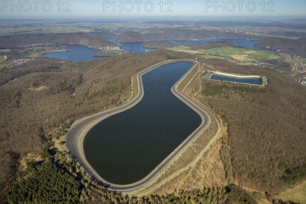 Aerial view, Edertal reservoir, hydro battery, energy storage, Affoldern in Edertal, Waldeck-Frankenberg district in North Hesse, Hesse, Germany, Edertal, DEU, Europe, birds-eyes view, aerial view, aerial photography, aerial photography, overview, bird's eye view