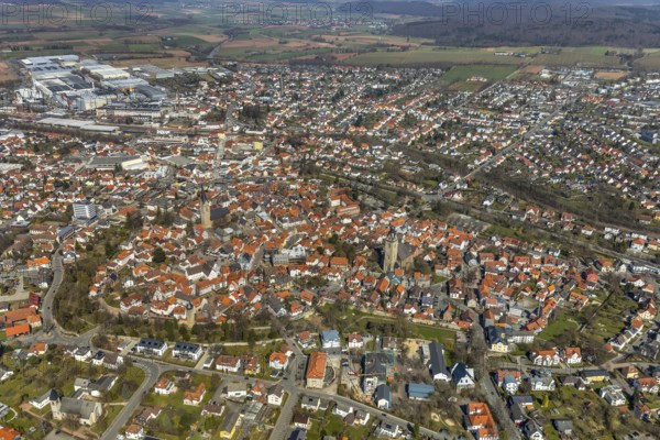 Aerial view, view of the hostoric city centre with St Kilianskirche and St Nikolai church in Korbach. district town Korbach, district Waldeck-Frankenberg in Hesse, Germany, district town Korbach, Europe, birds-eyes view, aerial view, aerial photography, aerial photography, overview, bird's eye view