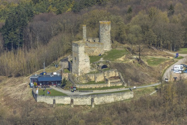 Aerial view, Kugelsburg, Cafe & Restaurant Zur Kugelsburg, in Volkmarsen, Landkreis Waldeck-Frankenberg, Hesse, Germany, Volkmarsen, DEU, Europe, birds-eyes view, aerial view, aerial photography, aerial photography, overview, overview, bird's eye view