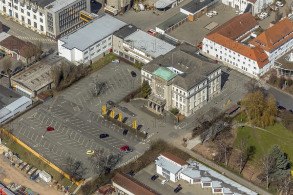 Aerial view, railway station forecourt, Am central railway station in Korbach. District town Korbach, district Waldeck-Frankenberg in Hesse, Germany, district town Korbach, Europe, birds-eyes view, aerial view, aerial photography, aerial photography, overview, bird's eye view