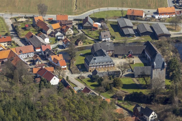 Aerial view, Nordenbeck in Korbach with former manor house of the castle and the former moated castle Nordenbeck, Burg Nordenbeck. District town Korbach, district Waldeck-Frankenberg in Hesse, Germany, Europe, birds-eyes view, aerial view, aerial photography, aerial photography, overview, bird's eye view