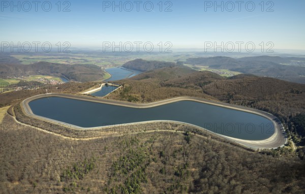 Aerial view, Edertal reservoir, hydro battery, energy storage, Affoldern in Edertal, Waldeck-Frankenberg district in North Hesse, Hesse, Germany, Edertal, DEU, Europe, birds-eyes view, aerial view, aerial photography, aerial photography, overview, bird's eye view