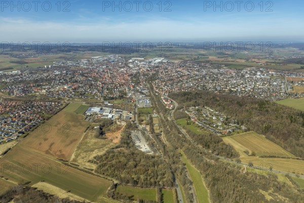 Aerial view, archaeological site at the Korbacher Spalte on Frankenberger Landstraße in Korbach. District town Korbach, district Waldeck-Frankenberg in Hesse, Germany, district town Korbach, Europe, birds-eyes view, aerial view, aerial photography, aerial photography, overview, bird's eye view