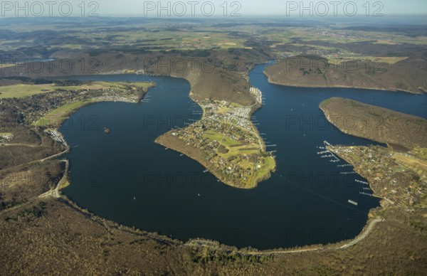Aerial view, peninsula Scheid with Edersee, Eder, in Waldeck in Hesse. Waldeck, Burg Waldeck an der Eder, Hesse, Germany, Waldeck, DEU, Europe, birds-eyes view, aerial view, aerial photography, aerial photography, overview, bird's eye view