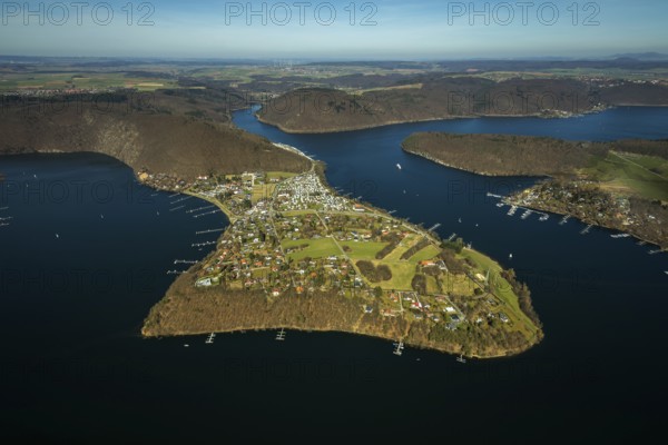 Aerial view, peninsula Scheid with Edersee, Eder, in Waldeck in Hesse. Waldeck, Burg Waldeck an der Eder, Hesse, Germany, Waldeck, DEU, Europe, birds-eyes view, aerial view, aerial photography, aerial photography, overview, bird's eye view