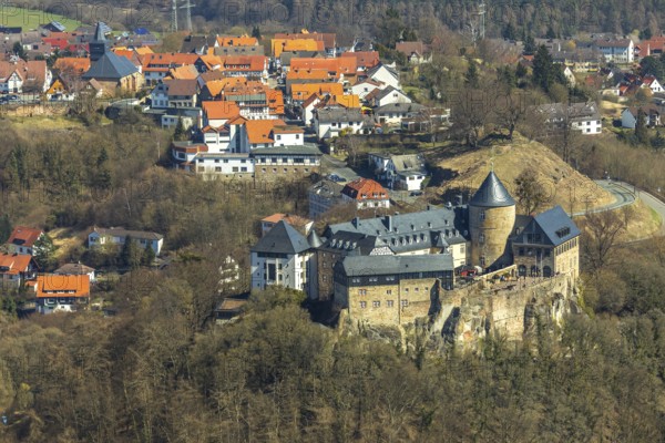 Aerial view, Waldeck with the castle-like castle Waldeck in Waldeck in Hesse. Waldeck, Waldeck Castle on the Eder, Hesse, Germany, Waldeck, DEU, Europe, birds-eyes view, aerial view, aerial photography, aerial photography, overview, bird's eye view