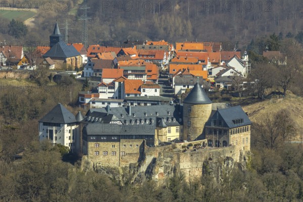 Aerial view, Waldeck with the castle-like castle Waldeck in Waldeck in Hesse. Waldeck, Waldeck Castle on the Eder, Hesse, Germany, Waldeck, DEU, Europe, birds-eyes view, aerial view, aerial photography, aerial photography, overview, bird's eye view