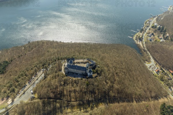 Aerial view, in Waldeck in Hesse. Waldeck, Burg Waldeck an der Eder, Hesse, Germany, Waldeck, DEU, Europe, birds-eyes view, aerial view, aerial photography, aerial photography, overview, bird's eye view