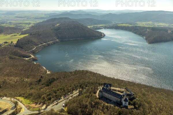 Aerial view, Waldeck with the castle-like castle complex Schloss Waldeck in Waldeck with the Edersee in the background in Hesse. Waldeck, Waldeck Castle on the Eder, Hesse, Germany, Waldeck, DEU, Europe, birds-eyes view, aerial view, aerial photography, aerial photography, overview, bird's-eye view