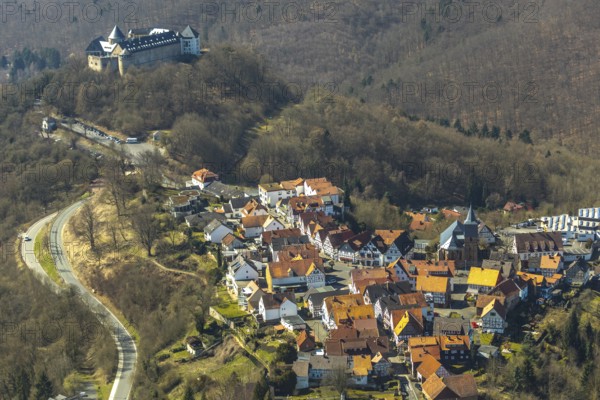 Aerial view, Waldeck with the castle-like castle Waldeck in Waldeck in Hesse. Waldeck, Waldeck Castle on the Eder, Hesse, Germany, Waldeck, DEU, Europe, birds-eyes view, aerial view, aerial photography, aerial photography, overview, bird's eye view