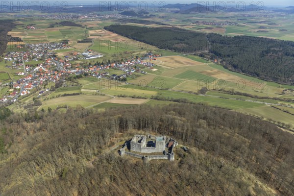 Aerial view, Weidelsburg is the ruin of a hilltop castle near Ippinghausen in Wolfhagen, Naturparks Habichtswald, Ippinghausen in the district of Kassel, Hesse, Germany, Wolfhagen, DEU, Europe, birds-eyes view, aerial photography, aerial photography, overview, bird's eye view