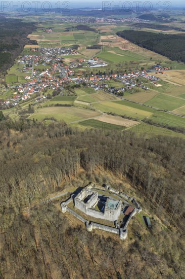 Aerial view, Weidelsburg is the ruin of a hilltop castle near Ippinghausen in Wolfhagen, Naturparks Habichtswald, Ippinghausen in the district of Kassel, Hesse, Germany, Wolfhagen, DEU, Europe, birds-eyes view, aerial photography, aerial photography, overview, bird's eye view
