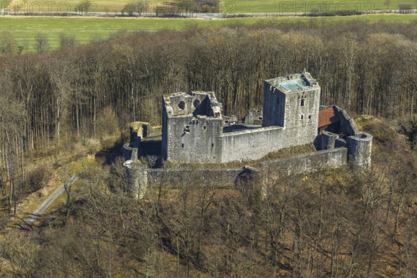 Aerial view, Weidelsburg is the ruin of a hilltop castle near Ippinghausen in Wolfhagen, Naturparks Habichtswald, Ippinghausen in the district of Kassel, Hesse, Germany, Wolfhagen, DEU, Europe, birds-eyes view, aerial photography, aerial photography, overview, bird's eye view