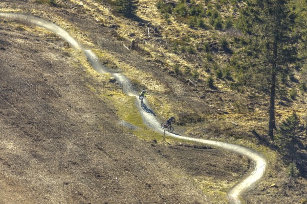 Aerial view, downhill biking, BMX downhill, biking, from Ettelsberg, in Willingen in Hesse. Willingen (Upland), district Waldeck-Frankenberg in Hesse, Hesse, Germany, Willingen (Upland), DEU, Europe, birds-eyes view, aerial photography, aerial photography, overview, overview, bird's eye view