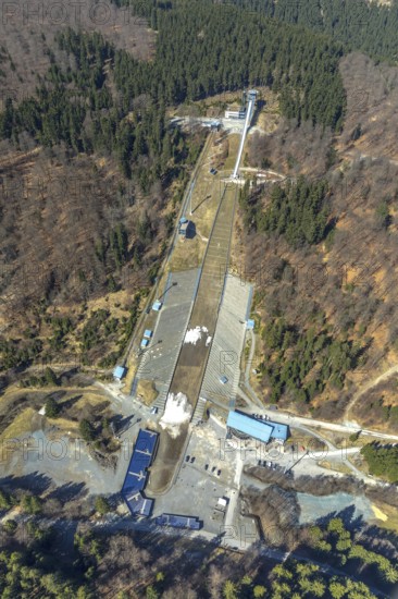 Aerial view, Mühlenkopfschanze in spring with snow remains in Willingen in Hesse. Willingen (Upland), district Waldeck-Frankenberg in Hesse, Hesse, Germany, Willingen (Upland), DEU, Europe, birds-eyes view, aerial photography, aerial photography, overview, overview, bird's eye view