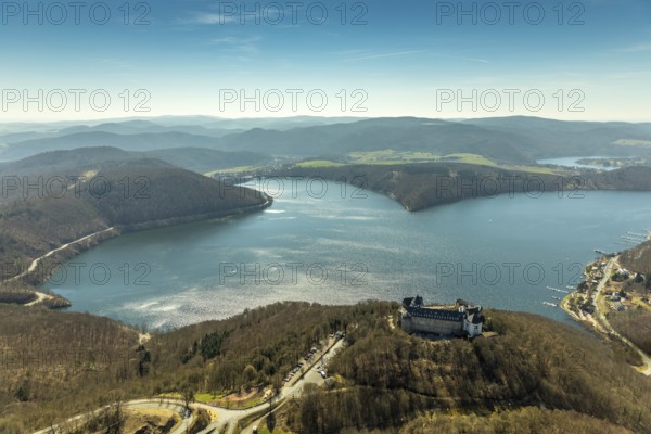 Aerial view, Waldeck with the castle-like castle complex Schloss Waldeck in Waldeck with the Edersee in the background in Hesse. Waldeck, Waldeck Castle on the Eder, Hesse, Germany, Waldeck, DEU, Europe, birds-eyes view, aerial view, aerial photography, aerial photography, overview, bird's-eye view