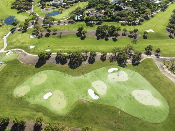 Driving range with greens and bunkers at the San Roque Club Golf Resort. Aerial view. Drone shot. Cádiz province, Andalusia, Spain