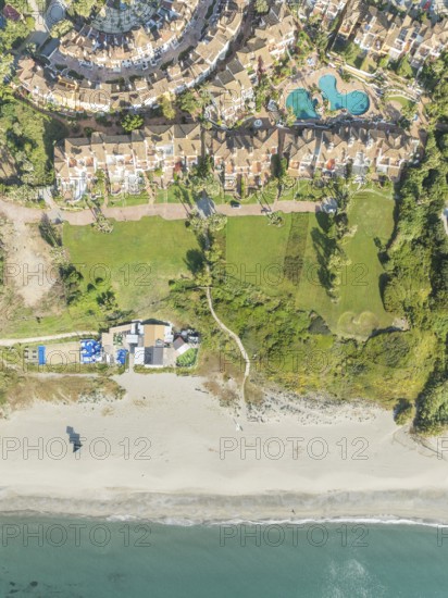 The Loma del Rey gated community is part of the La Alcaidesa urbanization at the Mediterranean Sea. Aerial view. Drone shot. Cádiz province, Andalusia, Spain