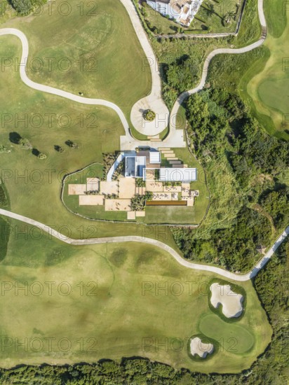 Partial view of the La Hacienda Links Golf Resort. Aerial view. Drone shot. Cádiz province, Andalusia, Spain