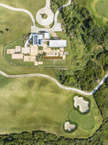 Partial view of the La Hacienda Links Golf Resort. Aerial view. Drone shot. Cádiz province, Andalusia, Spain