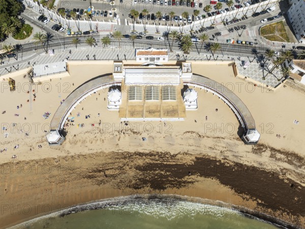 The old quarter of the town of Cádiz. Prominent the Caleta beach and the old Balneario de la Palma. Aerial view. Drone shot. Cádiz province, Andalusia, Spain