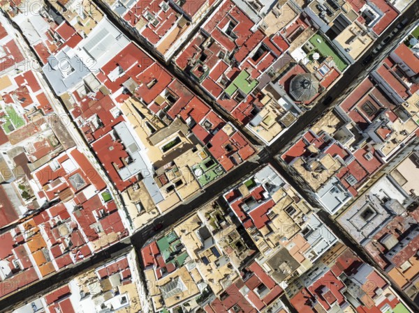 Streets and rooftops in the town of Cádiz. Aerial view. Drone shot. Cádiz province, Andalusia, Spain