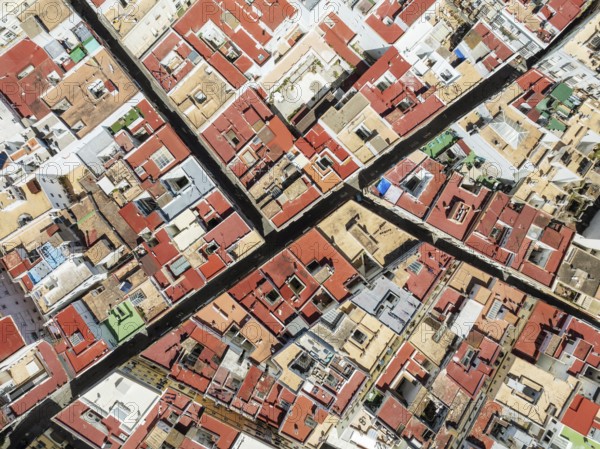 Streets and rooftops in the town of Cádiz. Aerial view. Drone shot. Cádiz province, Andalusia, Spain
