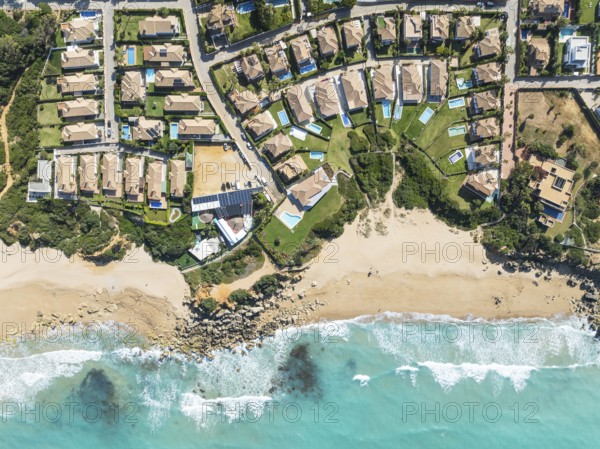 The Roche housing estate at the Mediterranean Sea. Aerial view. Drone shot. Cádiz province, Andalusia, Spain