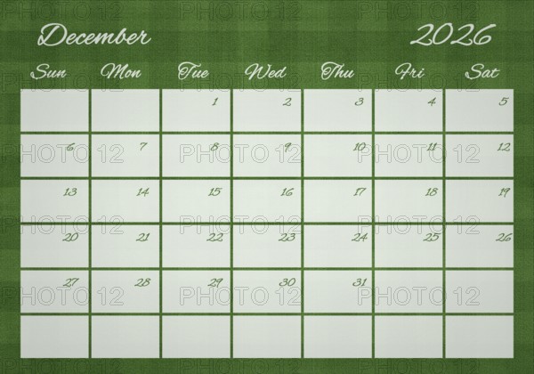 Printable Wall Calendar, December 2026 on Football Field