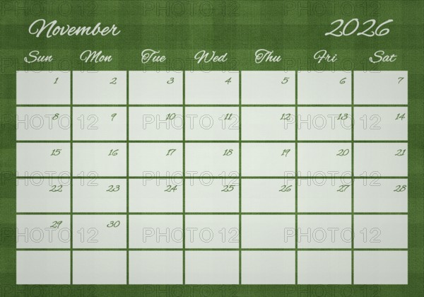 Printable Wall Calendar, November 2026 on Football Field