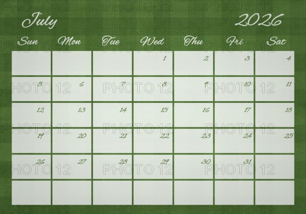Printable Wall Calendar, July 2026 on Football Field
