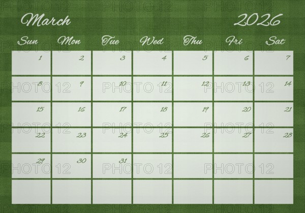 Printable Wall Calendar, March 2026 on Football Field