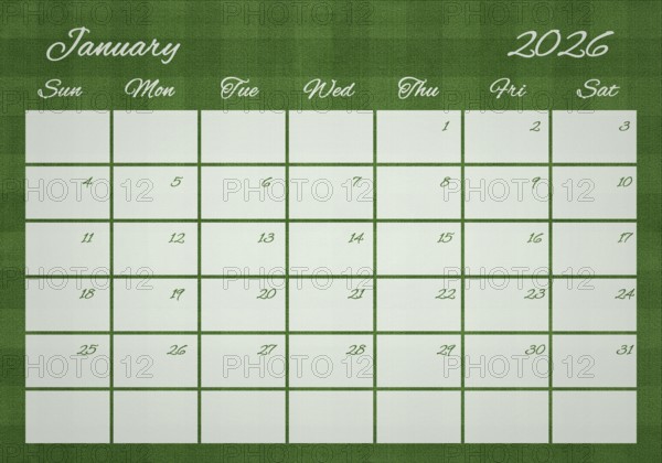 Printable Wall Calendar, January 2026 on Football Field