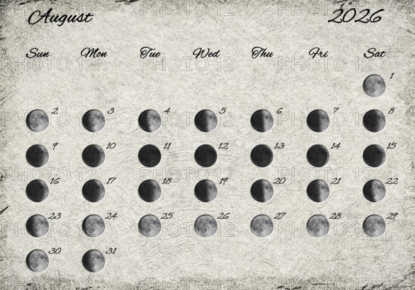 Moon Phases Calendar. August 2026 Old Paper
