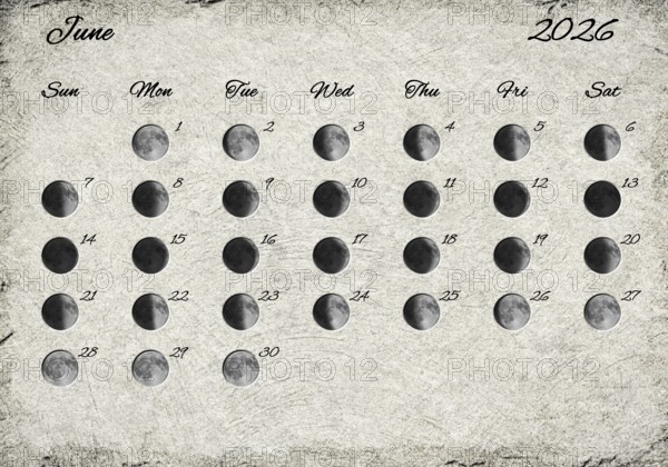 Moon Phases Calendar. June 2026 Old Paper
