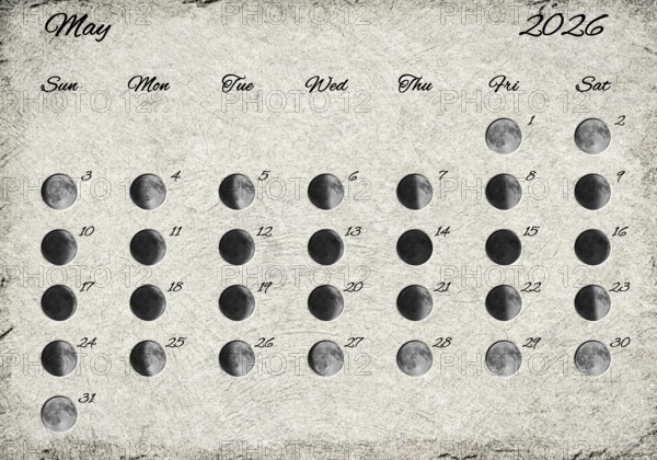 Moon Phases Calendar. May 2026 Old Paper