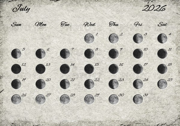 Moon Phases Calendar. July 2026 Old Paper