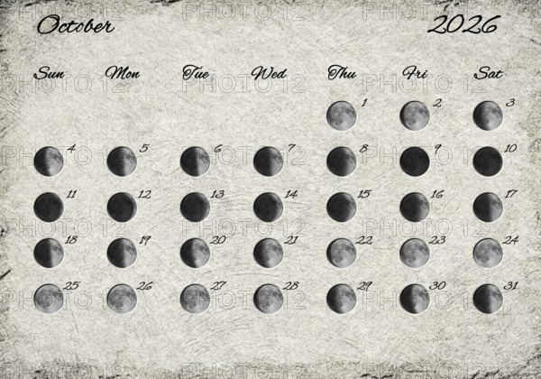 Moon Phases Calendar. October 2026 Old Paper