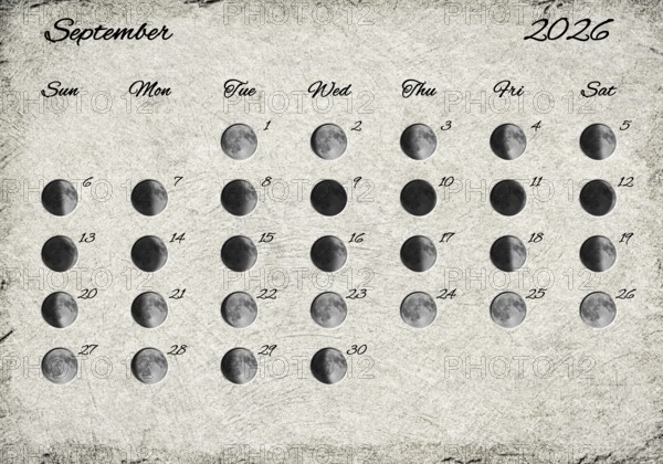 Moon Phases Calendar. September 2026 Old Paper