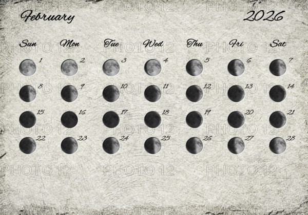 Moon Phases Calendar. February 2026 Old Paper